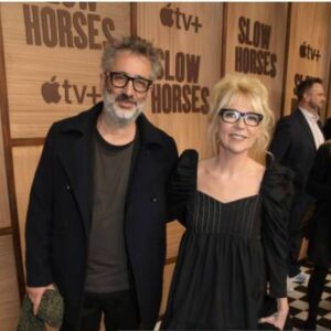 David Baddiel Instagram - A thing that happens a lot these days, due to its vast success, is that people ask me if my wife, Morwenna Banks, is the woman on the original writing team for Slow Horses. Yes. She is. Here she is at the premiere where as ever I appear to have made no effort to be at a premiere.
