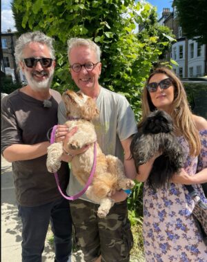 David Baddiel Instagram - A shot of myself, Frank and the wonderful @emilyrebeccadean just before we recorded an episode of her great Walking The Dog podcast (I can't provide a link but y'know, it's out there) which I'm mainly posting because of the way in which Frank's dog Poppy is looking at me with such enormous love.