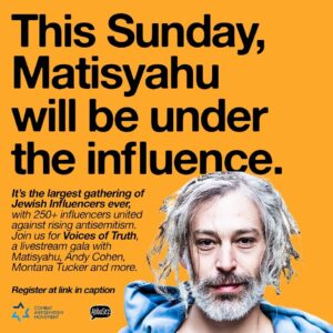 David Draiman Instagram - This Sunday at 7:30 PM ET, over 250 influencers with 260M  followers will unite against rising antisemitism. Join us for a powerful livestream gala featuring Mayor Eric Adams, Andy Cohen, Montana Tucker, Matisyahu, and more. Register Here: voicesfortruth.combatantisemitism.org/livestream #UnitedWithJews