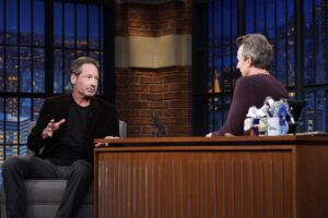 David Duchovny Instagram - Always great to see you, thanks for having me on @latenightseth.

pc: Lloyd Bishop/NBC