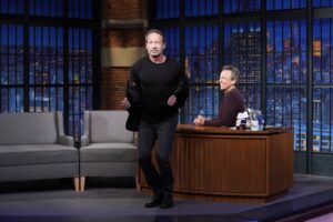 David Duchovny Instagram - Always great to see you, thanks for having me on @latenightseth.

pc: Lloyd Bishop/NBC