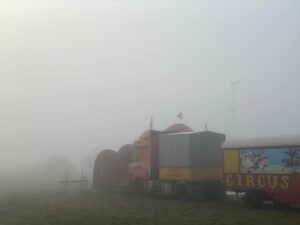 David F. Sandberg Instagram - This morning had the thickest fog I’ve ever seen! And in the fog I came across a traveling circus setting up… Am I living in a horror movie? Have my dreams finally come true?