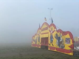 David F. Sandberg Instagram - This morning had the thickest fog I’ve ever seen! And in the fog I came across a traveling circus setting up… Am I living in a horror movie? Have my dreams finally come true?