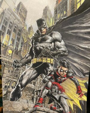 David Finch Instagram - Batman and robin cover.  First is pencils, then most of the way through, and then finished.  #davidfinch