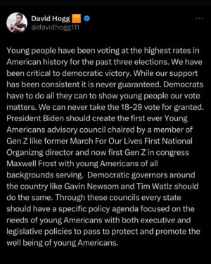 David Hogg Instagram - Don’t believe people who tell you that the youth vote is secured. It never is guaranteed.
