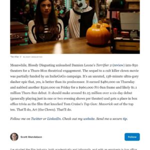 David Howard Thornton Instagram - ART TOOK DOWN MAVERICK!!! HOLY CRAP! 🤡😎🤘 Go see @terrifier2_official in theaters this weekend and be a part of cinematic history! #terrifier2 #arttheclown #topgunmaverick