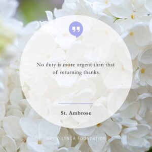 David Lynch Instagram - “No duty is more urgent than that of returning thanks.”
- St. Ambrose

#daily #quote #inspiration #inspo #thanks #gratitude #memorialday #davidlynchfoundation #TranscendentalMeditation #TM #meditation #changebeginswithin #StAmbrose