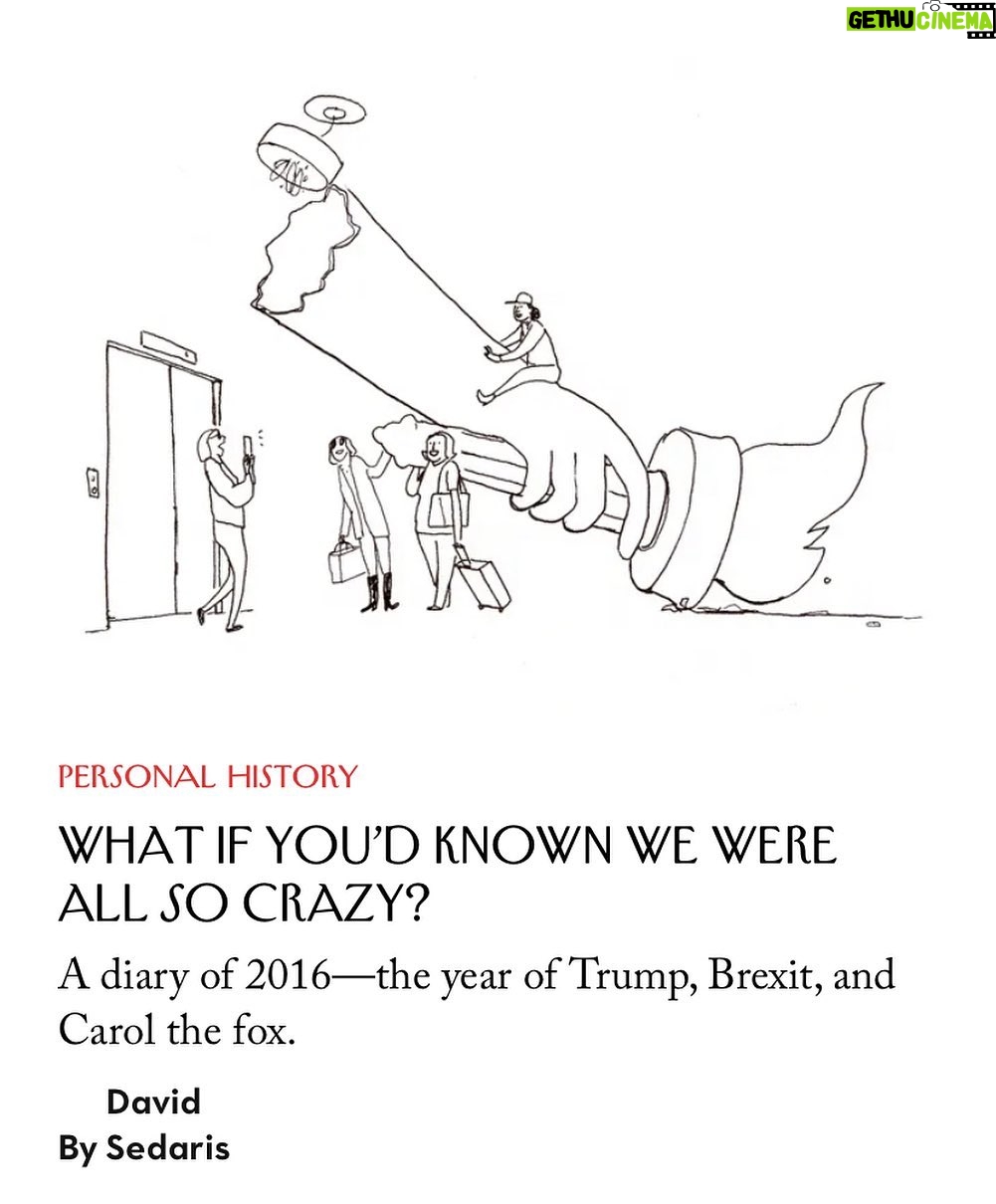 David Sedaris - 4K Likes - @newyorkermag shares an exclusive peek into David’s diaries from 2016: “The year of Trump, Brexit, and Carol the fox.”
Read more from A CARNIVAL OF SNACKERY next week! Link in bio.