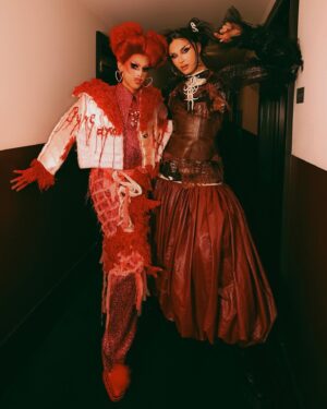 Daya Betty Instagram - 👹🤡Double Trouble🤡👹

Reunited with my sister @crystalmethyd for the @rupaulsdragrace Season 15 FINALE and it feels so good!🎉 Tune in FRIDAY at 8/7c, only on @mtv! 📺 ⭐️
•
•
•
Knitted top with ostrich feathers: @guvanchnyc
Corset and dress: @xiaowu_zheng_ishere
Sleeve: @rencorporation
Jewelry: @eva__pilipala
Shoes: @shopsyro

Hair styled by my friend @signaturestylesbysynphony ❤️‍🔥

Styled by the incomparable: 
@guvanchnyc 💎

Photographed by the beauty:
 @hausofmfp 📸

@worldofwonder @vossevents @wowpresentsplus

#rupaulsdragrace #dayabetty #gay