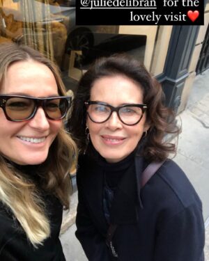 Dayle Haddon Instagram - Visit today to my beautiful and talented friend @juliedelibran ...Julie is a friend for many years having designed for Prada, ( in fact we met when she designed for me in Prada Haute Couture for Cannes!!) Vuitton, Sonia Rykiel, and more. She now has her own darling shop on 3 rue de Luyons in Paris. Unique, sustainable, rare fabrics sometimes one of a kind, luxury things. I love her femininity, her lucidity, intelligence,kindness and generosity..spending so much time together after just getting off a plane from California! Julie you are one of a kind. It is so much fun to be with you..so happy to call you my friend🙏❤️