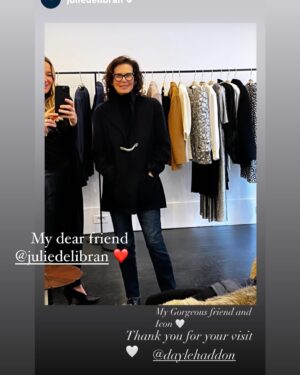 Dayle Haddon Instagram - Visit today to my beautiful and talented friend @juliedelibran ...Julie is a friend for many years having designed for Prada, ( in fact we met when she designed for me in Prada Haute Couture for Cannes!!) Vuitton, Sonia Rykiel, and more. She now has her own darling shop on 3 rue de Luyons in Paris. Unique, sustainable, rare fabrics sometimes one of a kind, luxury things. I love her femininity, her lucidity, intelligence,kindness and generosity..spending so much time together after just getting off a plane from California! Julie you are one of a kind. It is so much fun to be with you..so happy to call you my friend🙏❤️