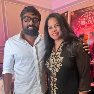 Deepa venkat Instagram - "Merry Christmas" releases today😊

Please do watch in theatres:) 

I've had this very very special, and unique opportunity to work on the sets with the lovely diva @katrinakaif . Perfect example of a committed and hardworking actor! 

A fan of the film, "Ek Hasina Thi", and the hugely popular "Andhadhun", working alongside the master-of-whodunnits, Director Sriram Raghavan has been nothing short of a masterclass. 

Can anyone not love VJS??? What was  beautiful was, watching him work through each shot on the sets, polishing his hindi lines and constantly improvising with every rehearsal, each take.. mindblown. 

The editor and co-director Mrs.Pooja Ladha Surti was an absolute delight on the sets with insightful inputs that comes from her vast experience of working in so many notable films. Thank you for being so kind, Pooja😍

My partner, friend and dear dear Saran, I've been so blessed to be able to work alongside you! Your patience and focus is amazing. Can't wait to see all that you're going to create in the years to come!

Sharing a few pictures with the witty, charming @radikaasarathkumar , my all time favourite and powerhouse performer @ashwinikalsekar , and a few clicks from the sets of this very special film. 

Thank you, universe! 

SriramRaghavan @tipsfilmsofficial @matchboxpix @rameshtaurani @sanjayroutraymatchbox @jaya.taurani #KewalGarg @actorvijaysethupathi @katrinakaif @radhika_sarathkumar #KavinBabu @actor_shanmugaraja @ashwinikalsekar #RajeshWilliams @radhikaofficial @gayathrieshankar #PariSharma @ipritamofficial @yughabharathi #PoojaLadhaSurti #ThiagarajanKumararaja #PratheepKumarS  @abduljabbar_offl #PrasannaBalaNatarajan @latatudinal  @mayursharma22011 #MadhuApsara @vishal_bajaj_1603 @daniel.b.george @imdeepavenkat @anaitashroffadajania @gopiprasannaa