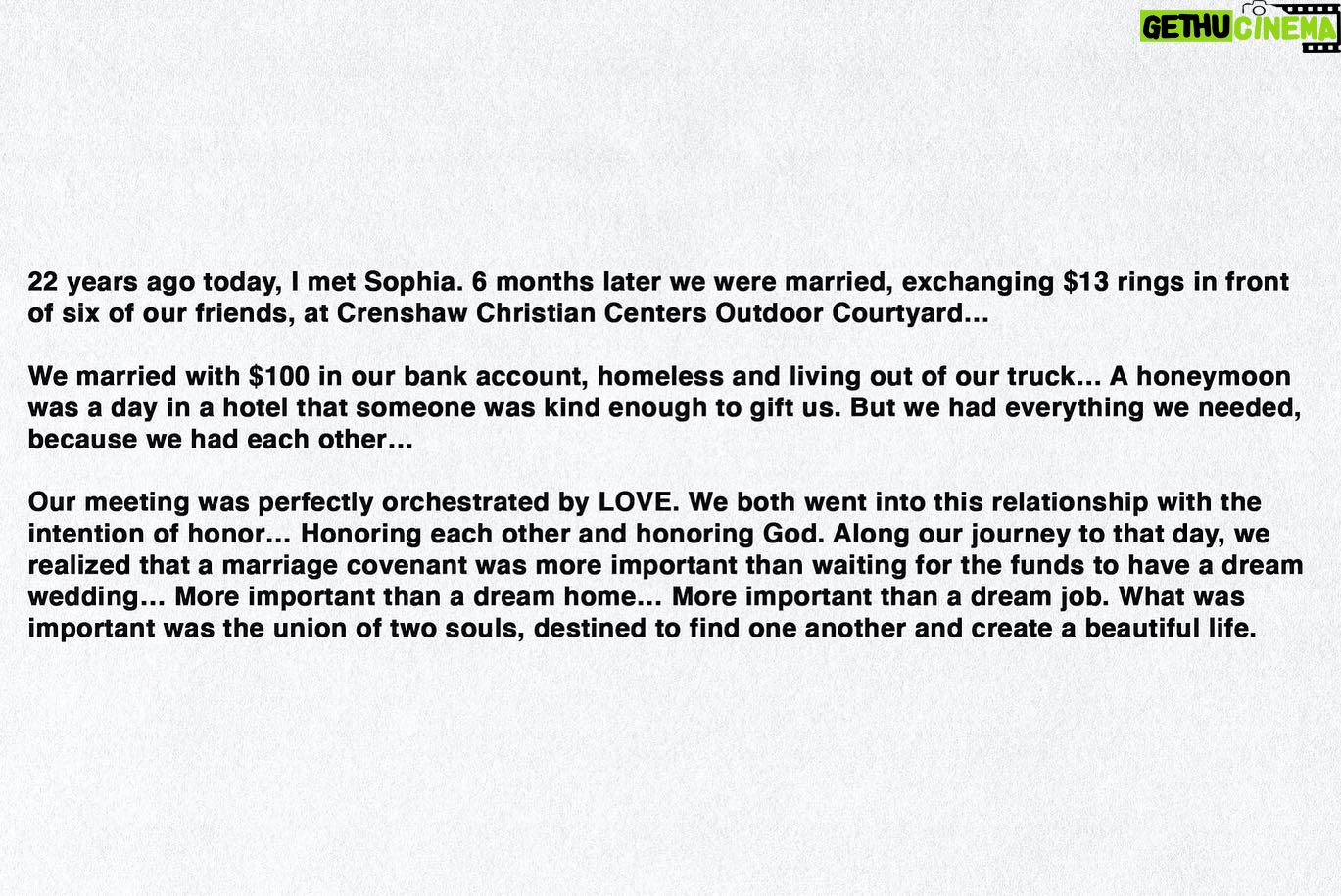 Derek Luke - 23.8K Likes - 22 years ago my wife Sophia & I meet @ a retreat called Vertical Leap. I had no ride 6 months later she was my bride :)
I really wanted to give her a rock, but with 13$ in my pocket I could not lol
We exchanged our “bling” the Reverend said now you can kiss your God giv’n beautiful thing!
We were invited to my hometown it’s good we were happy & everything, but I didn’t know how much longer we could do the Homeless thing :)
The family flew us back woooo!! We had enough for half the rent!
It is by God’s sweet Grace that we are here today. Living, Loving, Learning is the only way :)
The highest form of LOVE IS THE AGAPE WAY!