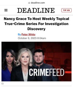 Derrick Levasseur Instagram - It’s official! ‘CRIMEFEED’ will be on @investigationdiscovery every Wednesday night. Can’t wait to discuss/debate these cases with @thenancygrace and @marascampo.