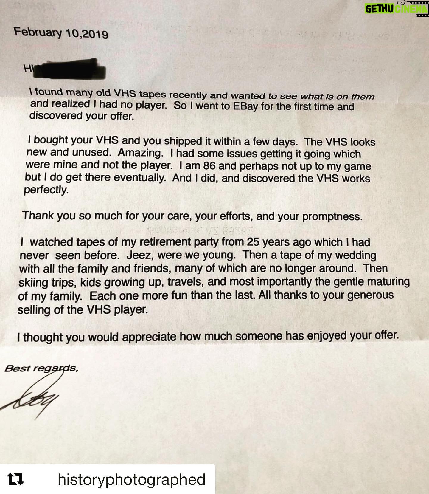 Dilshad Vadsaria - 345 Likes - The good stuff ❤️@historyphotographed ・・・
86 year old man sends heartfelt letter to eBay seller after buying VHS player