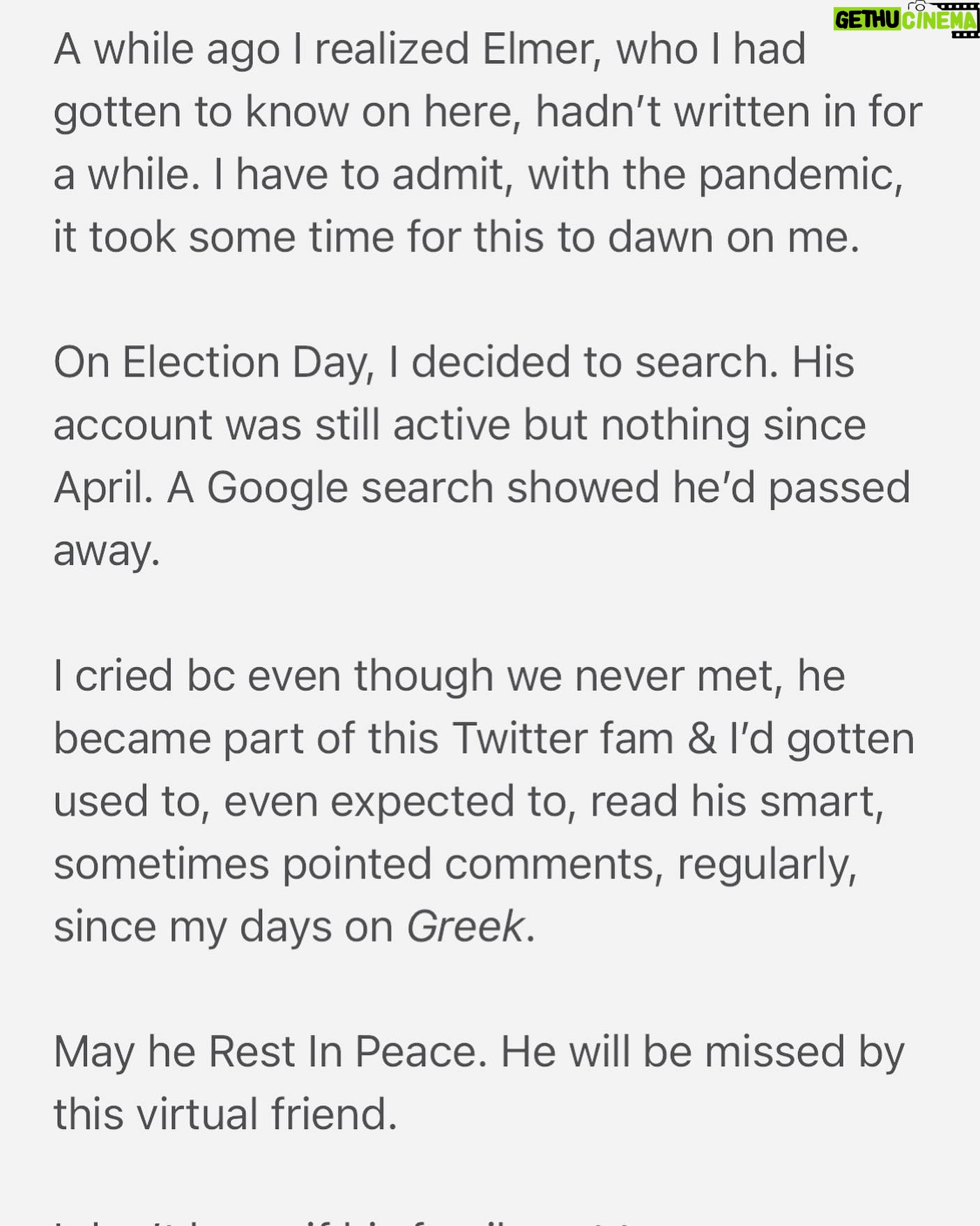 Dilshad Vadsaria - 211 Likes - A little statement about a member of this social media family, Elmer Saunders (Twitter @Boxter2004).
💐
I don’t know if his family got to say a proper goodbye, given our present circumstances. If you have time, maybe, we can all write something on his memorial page (https://www.google.com/amp/s/www.dignitymemorial.com/obituaries/coppell-tx/elmer-saunders-9153811), and get to know more about him and the beautiful life he led. 💐