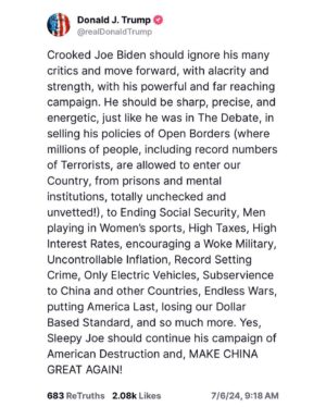 Dinesh D'Souza Instagram - Trump just posted this on Truth, telling Biden to stay in the race.