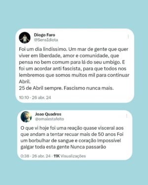 Diogo Faro Instagram - Acusam a esquerda de se apropriar do 25 de Abril, mas a verdade é que é a direita que se retira dele. Ou desvalorizando a data, ou celebrando-a, mas com moderação, ou odiando-a. Querem que achemos o quê? Que sentem a data e a valorizam da mesma forma que a esquerda? Difícil.

Ontem foi dos dias mais bonitos deste país. Mas a luta segue todos os dias, atentos a quem (até de forma mais dissimulada que os fachos) nos querer limitar a liberdade (a quem não quer aumentar salários ou baixar as rendas, por exemplo).

25 de Abril sempre. Fascismo nunca mais ✊🏻❤️