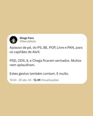 Diogo Faro Instagram - Acusam a esquerda de se apropriar do 25 de Abril, mas a verdade é que é a direita que se retira dele. Ou desvalorizando a data, ou celebrando-a, mas com moderação, ou odiando-a. Querem que achemos o quê? Que sentem a data e a valorizam da mesma forma que a esquerda? Difícil.

Ontem foi dos dias mais bonitos deste país. Mas a luta segue todos os dias, atentos a quem (até de forma mais dissimulada que os fachos) nos querer limitar a liberdade (a quem não quer aumentar salários ou baixar as rendas, por exemplo).

25 de Abril sempre. Fascismo nunca mais ✊🏻❤️