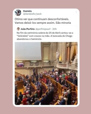Diogo Faro Instagram - Acusam a esquerda de se apropriar do 25 de Abril, mas a verdade é que é a direita que se retira dele. Ou desvalorizando a data, ou celebrando-a, mas com moderação, ou odiando-a. Querem que achemos o quê? Que sentem a data e a valorizam da mesma forma que a esquerda? Difícil.

Ontem foi dos dias mais bonitos deste país. Mas a luta segue todos os dias, atentos a quem (até de forma mais dissimulada que os fachos) nos querer limitar a liberdade (a quem não quer aumentar salários ou baixar as rendas, por exemplo).

25 de Abril sempre. Fascismo nunca mais ✊🏻❤️