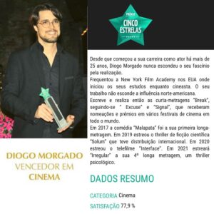 Diogo Morgado Instagram - Pelo 2º ano tenho o privilégio de ganhar o Prémio 5 Estrelas. Já o disse antes o quão  é especial para mim, porque é resultado de uma votação e inquérito junto do Público e não de um júri eleito. 
Num ano de tão violento impacto junto de todos e com a cultura a passar uma das suas fases mais negras, é com sincera humildade que sinto haver muitas pessoas que estão numa luta feroz e que mereciam este prémio mais do que eu. No entanto a minha luta não é de hoje e tudo tenho feito para um propósito maior do que eu, e confesso que numa profissão em que aquilo que nos move nem sempre é palpável ou explicável, são coisas destas que na procura de um porquê, nos dão alento e estímulo. 
Tudo farei e faremos para continuar o trabalho que temos vindo a trilhar na área do cinema independente e contribuir para um cinema português eclético, completo, forte, tanto no seu lado de autor, como no comercial e experimental. Um cinema para todos os tipos de público. Onde todos os tipos de contadores de histórias possam existir 
Obrigado em especial e sempre ao meu irmão Pedro por não me deixar ser louco sozinho. E a todos os bravos que têm vindo a colaborar com a SLX. 
Muito Obrigado mais uma vez
@premiocincoestrelas pela organização destes prémios e por todo o carinho comigo e ACIMA de tudo obrigado a todos vocês que votaram, por reconhecerem a verdadeira razão do que estamos a tentar fazer. 
Muito grato a todos.