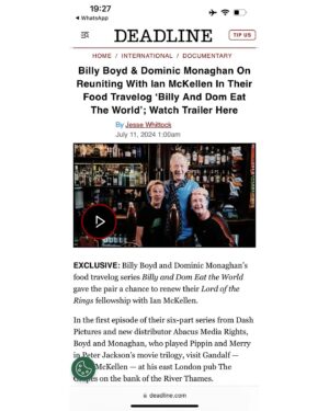 Dominic Monaghan Instagram - Billy and dom eat the world coming soon! Watch this space! 

https://deadline.com/video/billy-boyd-dominic-monaghan-eat-the-world-trailer-ian-mckellen/