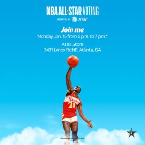 Dominique Wilkins Instagram - I’ll be hanging out at the AT&T Store located at 3431 Lenox Rd NE in Atlanta GA this Monday January 15th from 6 to 7 pm to join fans as they vote for their favorite NBA All-Stars.
 
Stick around for the chance to win tickets to an upcoming NBA home game, a Google Pixel 8 Pro and more, courtesy of AT&T.
 
*Players appearance & time subject to change.