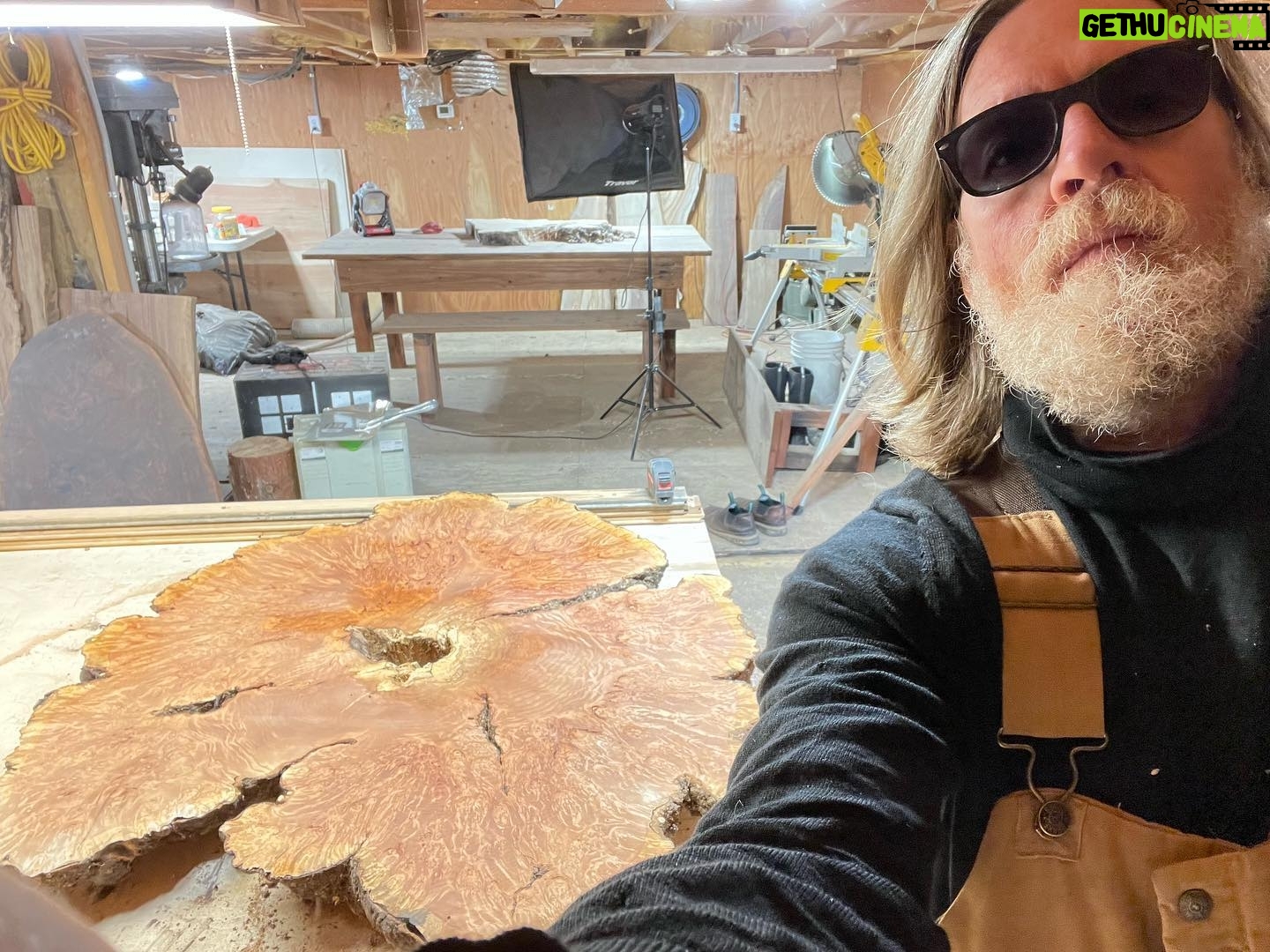 Donal Logue - 3.1K Likes - With Kevin finishing a maple burl coffee table. In the burl of a hardwood tree, stress or disease causes the tree to produce growth buds which are then crushed by weighted compression. The end result of the tree fighting for its life is evident in the swirls and striping left behind. Check us out at @frisonloguehardwoods . Note- at Frison-Logue, we only work with 100% reclaimed or salvaged wood.