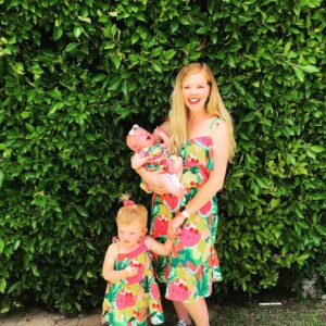 Dreama Walker Instagram - This is not a great photo, but it’s way too hot outside to go take another one! 😂

Before the world turned into a dumpster fire, I bough these matching outfits, hoping to wear them somewhere like a party. But since parties aren’t really a thing anymore, a summer Saturday will have to suffice. I guess it’s just as well, Hanalei and Brighton were NOT into it.