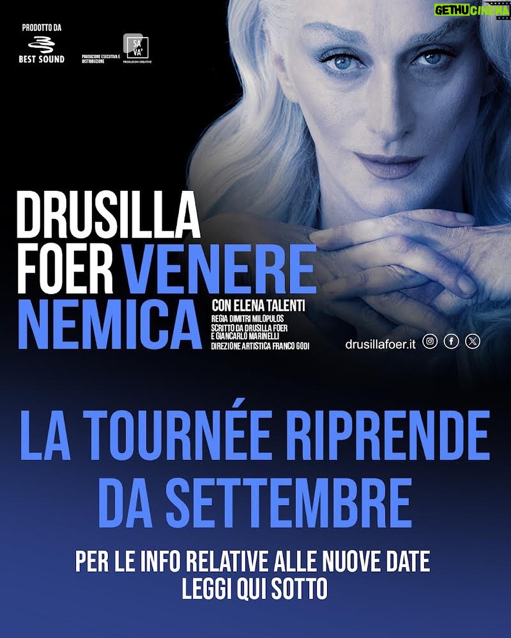 Drusilla Foer - 3.8K Likes - Venere Nemica, il nuovo spettacolo di Drusilla Foer, ritorna in scena a partire DA SETTEMBRE.
La tournĆ©e teatrale, bruscamente interrotta il 22 febbraio a causa della brutta polmonite che ha colpito lāartista, dopo sole 8 date delle 46 previste (quasi tutte giĆ esaurite) slitta a dopo lāestate. Drusilla, secondo i medici che lāhanno prontamente presa in cura, ha risposto bene ai trattamenti ma ha bisogno di tempo per una ripresa completa che le consenta di sostenere una tournĆ©e serrata e uno spettacolo che la vede in scena per oltre 90 minuti.
GLI SPETTACOLI CANCELLATI SONO IN MASSIMA PARTE GIĆ RIPROGRAMMATI, CON POCHE ECCEZIONI CHE VERRANNO COMUNICATE APPENA POSSIBILE.
Per maggiori dettagli, consigliamo ai possessori di biglietto, con i quali ci scusiamo per il disagio provocato, di contattare localmente i teatri.
Questo il calendario riprogrammato:
š¹17-22.09.2024 NAPOLI, Teatro Bellini (recupero del 9-10-11-12-13-14.04)
š¹25.09.2024 SPOLETO (PG), Teatro Caio Melisso (recupero del 16.03)
š¹26-29.09.2024 PESARO, Teatro Rossini (recupero del 22-25.02)
š¹02.10.2024 VERCELLI, Teatro Civico (recupero del 10.03)
š¹03.10.2024 CASALE MONFERRATO (AL), Teatro Municipale (recupero del 27.03)
š¹04.10.2024 BORGOSESIA (VC), Teatro Pro Loco (recupero del 09.03)
š¹05.10.2024 LEGNANO (MI), Teatro Galleria (recupero del 26.03)
š¹08.10.2024 PIETRA LIGURE (SV), Teatro Comunale G. Moretti (recupero del 05.03)
š¹15 e 16.10.2024 PRATO, Politeama Pratese (recupero del 19 e 20.03)
š¹23 e 24.10.2024 FOGGIA, Teatro Giordano (recupero del 06 e 07.04)
š¹25.10.2024 FASANO (BR), Teatro Kennedy (recupero del 05.04 )
š¹26.11.2024 LIVORNO, Teatro Goldoni (recupero del 21.03)
š¹12.12.2024 ARGENTA (FE), Teatro dei Fluttuanti (recupero del 12.03)
š¹13.12.2024 CENTO (FE), Centro Pandurera (recupero del 13.03)
š¹24.01.2025 PESCIA (PT), Teatro Pacini (recupero del 07.03)
š“ APPENA POSSIBILE ANCHE LE NUOVE DATE PER:
šŗRIMINI, Teatro Galli
šŗLUCCA, Teatro del Giglio
šŗSANTA CROCE SULLāARNO (PI), Teatro Verdi
šŗCARRARA (MS), Teatro degli Animosi
šŗCHIUSI (SI), Teatro Mascagni
šŗVITERBO, Teatro Unione
A PRESTO CON NUOVI AGGIORNAMENTI!
#drusillafoer #venerenemica