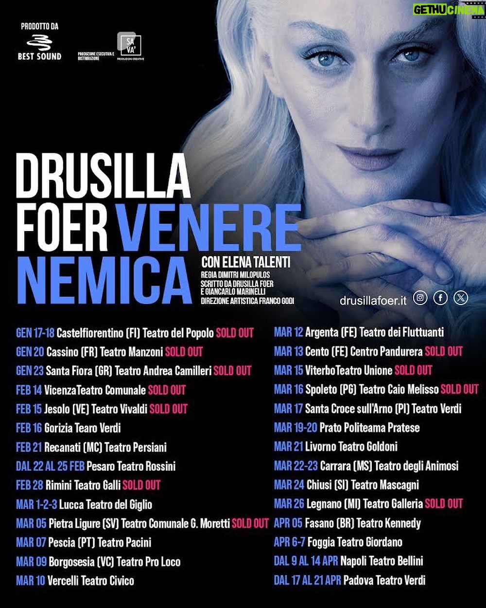 Drusilla Foer - 2.9K Likes - āØāØ Oggi āVENERE NEMICAā comincia il suo viaggio. āØāØ
Vi aspetto! ā¤ļø
š GENNAIO
MERC 17 e GIOV 18 ā CASTELFIORENTINO ( FI ) - Teatro del Popolo š„ SOLD OUT
SAB 20 ā CASSINO ( FR ) - Teatro Manzoni š„ SOLD OUT
MAR 23 ā SANTA FIORA ( GR ) - Teatro Andrea Camilleri š„ SOLD OUT
š FEBBRAIO
MER 14 ā VICENZA - Teatro Comunale š„ SOLD OUT
GIO 15 ā Jesolo ( VE ) - Teatro Vivaldi š„ SOLD OUT
VEN 16 ā GORIZIA - Teatro Verdi
MER 21 ā RECANATI ( MC ) - Teatro Persiani
DAL 22 AL 25 ā PESARO - Teatro Rossini
MER 28 ā RIMINI - Teatro Galli š„ SOLD OUT
š MARZO
VEN 1 SAB 2 DOM 3 ā LUCCA - Teatro del Giglio
MAR 5 ā PIETRA LIGURE ( SV ) - Teatro Comunale G. Moretti š„ SOLD OUT
GIO 7 ā PESCIA ( PT ) - Teatro Pacini
VEN 8 ā BORGOSESIA ( VC ) - Teatro Pro Loco (DATA RIPROGRAMMATA)
DOM 10 ā VERCELLI - Teatro Civico
MAR 12 ā ARGENTA ( FE ) - Teatro dei Fluttuanti
MER 13 ā CENTO ( GE ) - Centro Pandurera š„ SOLD OUT
VEN 15 ā VITERBO - Teatro Unione š„ SOLD OUT
SAB 16 ā SPOLETO ( PG ) - Teatro Caio Melisso š„ SOLD OUT
DOM 17 ā SANTA CROCE SULLāARNO ( PI ) - Teatro Verdi
MAR 19 e MER 20 ā PRATO - Politeama Pratese
GIO 21 ā LIVORNO - Teatro Goldoni
VEN 22 e SAB 23 ā CARRARA ( MS ) - Teatro degli Animosi
DOM 24 ā CHIUSI ( SI ) - Teatro Mascagni
MAR 26 ā LEGNANO ( MI ) - Teatro Galleria š„ SOLD OUT
š APRILE
VEN 5 ā FASANO ( BR ) - Teatro Kennedy
SAB 6 e DOM 7 ā FOGGIA - Teatro Giordano
DAL 9 AL 14 - NAPOLI - Teatro Bellini
DAL 17 AL 21 - PADOVA - Teatro Verdi
Biglietti:
š PREVENDITE ONLINE NEI CIRCUITI ABITUALI E SITI DEI TEATRI š
PRODOTTO DA:
FRANCO GODI PER BEST-SOUND
PRODUZIONE ESECUTIVA:
SAVAā PRODUZIONI CREATIVE
DISTRIBUZIONE:
SAVAā PRODUZIONI CREATIVE
#BEST SOUND FRANCOGODI
@savaproduzionicreative
#drusilla #drusillafoer
@dimitrimilopulos
@latalenti