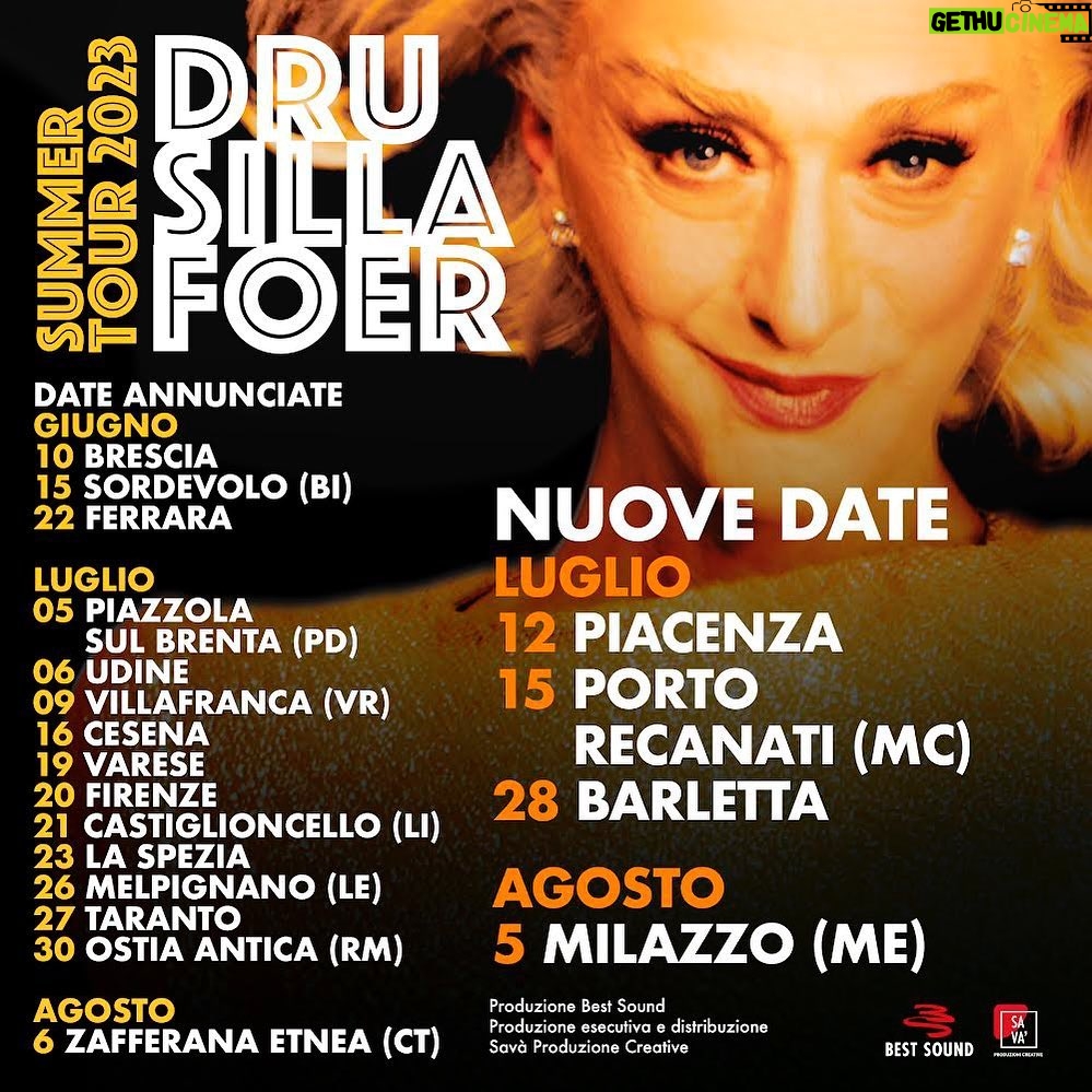 Drusilla Foer - 2.9K Likes - “ELEGANZISSIMA SUMMER TOUR 2023”
⭐️⭐️ NUOVE DATE ⭐️⭐️
MERCOLEDÌ 12 LUGLIO - PIACENZA - Cortile Palazzo Farnese
www.ticketone.it
SABATO 15 LUGLIO - PORTO RECANATI (MC) - Arena Beniamino Gigli
www.ticketone.it
VENERDÌ 28 LUGLIO - BARLETTA - Fossato del Castello
www.ticketone.it
www.ciaotickets.it
SABATO 5 AGOSTO - MILAZZO (ME) - Teatro al Castello
www.ticketone.it
www.ctbox.it
Una manciata di appuntamenti a partire dal 10 giugno per circa due mesi, per un tour in piazze e anfiteatri di grande suggestione.
Vi aspetto! ❤️
… ED ANCORA PER CHI SI FOSSE PERSO LE ALTRE DATE:
🟠 GIUGNO:
SABATO 10 GIUGNO – BRESCIA - Gran Teatro Morato
www.ticketmaster.it
GIOVEDI' 15 GIUGNO – SORDEVOLO (BI) – Anfiteatro Giovanni Paolo II
www.ilcontato.it
www.ticketone.it
GIOVEDÌ 22 GIUGNO – FERRARA – FERRARA SUMMER FESTIVAL - Piazza Trento e Trieste
www.ticketone.it
🟠 LUGLIO
MERCOLEDÌ 5 LUGLIO – PIAZZOLA SUL BRENTA (PD) – Anfiteatro Camerini
www.ticketmaster.it
GIOVEDÌ 06 LUGLIO – UDINE– Piazzale Castello
www.ticketone.it
DOMENICA 09 LUGLIO – VILLAFRANCA (VR) – Castello Scaligero
www.ticketone.it
www.ticketmaster.it
DOMENICA 16 LUGLIO – CESENA – Piazza del Popolo
www.ticketone.it
MERCOLEDÌ 19 LUGLIO – VARESE– Giardini Estensi
www.ticketone.it
GIOVEDÌ 20 LUGLIO – FIRENZE – Musart Festival - Piazza della Santissima Annunziata
www.ticketone.it
VENERDÌ 21 LUGLIO – CASTIGLIONCELLO (LI) – Castello Pasquini
www.ticketone.it
www.ciaotickets.it
DOMENICA 23 LUGLIO – LA SPEZIA – Piazzale Europa
www.ticketone.it
www.vivaticket.com
MERCOLEDÌ 26 LUGLIO – MELPIGNANO (LE) – Palazzo Marchesale
www.ticketone.it
GIOVEDÌ 27 LUGLIO – TARANTO – Villa Peripato
www.ticketone.it
www.teatrorfeo.it
DOMENICA 30 LUGLIO – OSTIA ANTICA (RM) – Teatro Romano
www.ticketone.it
🟠 AGOSTO
DOMENICA 06 AGOSTO – ZAFFERANA ETNEA (CT) – Teatro Falcone Borsellino
www.ticketone.it
www.ctbox.it
PRODUZIONE:
BEST-SOUND FRANCO GODI
PRODUZIONE ESECUTIVA:
SAVA' PRODUZIONI CREATIVE
DISTRIBUZIONE:
SAVA' PRODUZIONI CREATIVE
#BEST SOUND FRANCOGODI
@savaproduzionicreative
@lorisdileo
@nicogoriswing10tet
#drusilla #drusillafoer