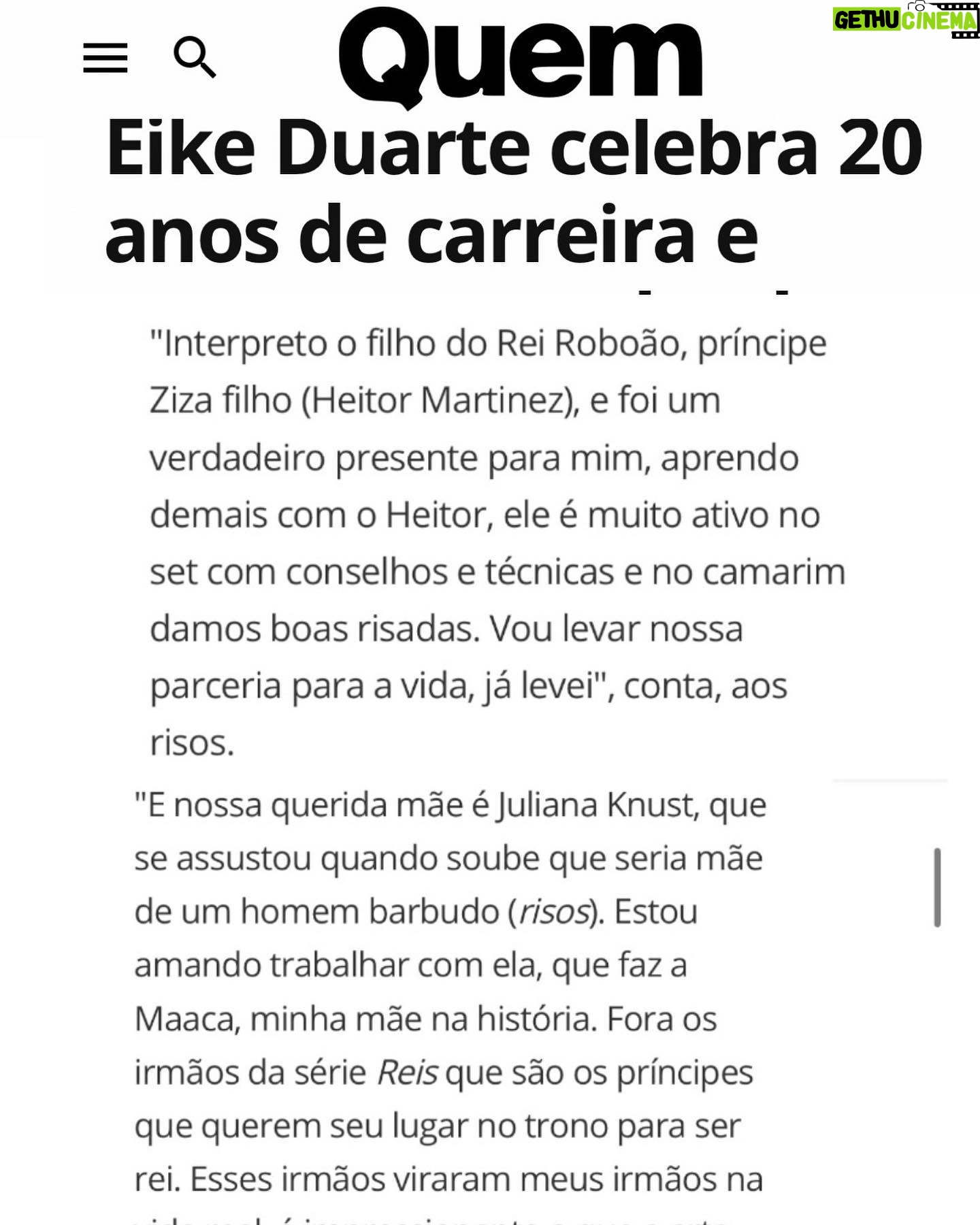Eike Duarte - 3 Likes - Compartilho com vocês o meu primeiro trabalho na @recordoficial ! Hoje estarei dando início ao personagem Ziza na @seriereis 21:00! Espero vocês de segunda a sexta por lá 🙌🫶