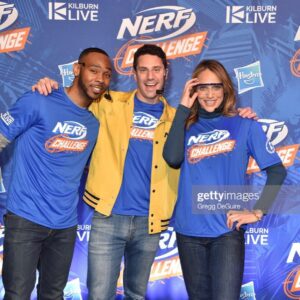 Eli Jane Instagram - #host #hosting @nerfchallenge  #nerfchallenge  #games #sports #laugh #blast #blasters @hasbro  @nerf #kilburn #live #nerf @gettyimages  @gettyentertainment @j_blakewhite @jzfish @vinnystyle @espo_photo @luigiskmz @bboyfantum @venumskmz @buscemi #shoes @motherdenim #jeans #denim @michaelstarsinc #gold #turtleneck neck @floyds99barbershop #hair #color