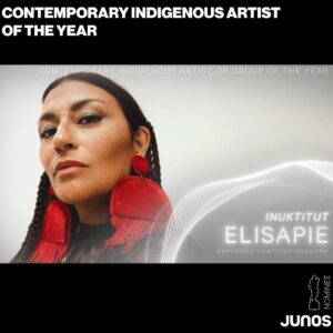 Élisapie Instagram - Nakurmiik for this honor @thejunoawards 
For the 2 nominations
Album Artwork of the year
And Contemporary Indigenous Artist of the year 

What was to be a small projet for the north, my family and friends became this soul searching journey and eventually a very personal album. These old songs from my childhood each tell a story.
Nakurmiik to @joegrassmusic and all my beautiful collaborators ❤️ Congrats to my fellow nominees 🏆

We really wanted the artwork to reflect the music. Congrats to @carolynedebellefeuille and team for the nomination! Bravo ces femmes!
Album artwork of the year - Powerhouses of arnait! @billyclub @madameledoux @veroml @mali.mali.mali.mali.mali.mali @leeorwild
Merci à @alexihobbs @lathe @juliecussonmakeupartist 
Nakurmiik for the archive photos to Avataq Cultural Institute, Marie Andrée Delisle Alaku Evie Mark Nancy Beauchemin and Carmelle Gastonguay 📸❤️•
•
•
•
#junos #elisapie #inuktitut #indigenousartists #inuk #indigenouslanguages #coveralbum #albumartwork
