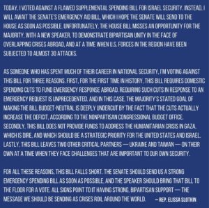 Elissa Slotkin Instagram - Today, I voted against a flawed supplemental spending bill for Israel security. My full statement:
