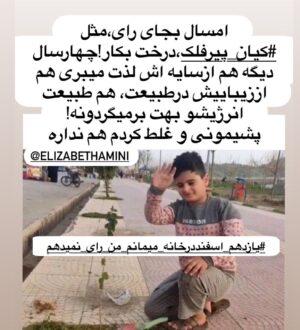 Elizabeth Amini Instagram - به جای رای به علفهای هرز و خانه خراب کن ، درختی میکارم که پناه و سایهٔ وطنم و هموطنم باشد!
#بجای_رای_درخت_میکارم
 #مجلس_طویله_دزدان 
#روحانی_دزد_متقلب_دروغگو 
#احمدی_نژادمهرهٔ_فاسدِخامنه_ای
#خاتمی_روباه_مکاررژیم
#ننگ_برشماعادی_نمایان_شروبدبختی
#شرم_برشمافراموشکاران
#نفرین_برشماعادینمایان 
#یازدهم_اسفنددرخانه_میمانم_من_رای_نمیدهم
#ایرانی_به_حکومت_ضدایرانی_رای_نمیدهد 
#ایران_تنهایک_مسلمان_داردواوفاطمه_سپهری_است 
#جمهوری_تبهکار_اسلامی_دشمن_ایران_وایرانی 
#اسلام_مساوی_با_دروغ_و_جنایت 
#چشمتون_کورکه_بوقت_قیام_خاکستری_وخاموش_ماندید!!!
#ننگ_برقشرخاکستری 
#نه_به_جمهوری_اسلامی👎 
#ننگ_برقشرخاموش_ایران
#فقروفسادواعتیادسوغات_جمهوری_اسلامی
#لعنت_بر_جمهوری_فاشیستی_اسلامی_و_طرفداران_مزدورش 
#مرگ_برشورشیان_۵۷ 
#مرگ_بر_اصل_ولايت_فقيه 
#زن_زندگی_آزادی 
#الیزابت_امینی
‏#elizabethamini_iranianactress 
‏#woman_life_freedom 
‏#mahsaamini 
‏#we_hate_islamic_regime 
‏#down_with_khamenei
#irgcterrorists