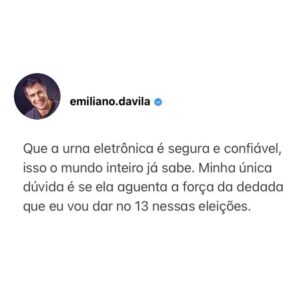 Emiliano D'Ávila Instagram - FALTAM DUAS SEMANAS!!!

#lulapresidente #13 #eleições #eleições2022 #lula #lulalá #agoraélula #brasilfelizdenovo #semmedodeserfeliz #pt #pt13 #nacionalismo #brasil #presidente #urnaeletrônica #urna #urnas #urnaseletronicas