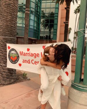 Emily Coutts Instagram - 3 years ago today we got married at a Honda Center ticket window under white ashy skies. We’ll keep it under wraps until we can do a real wedding we said, then immediately telling everyone we saw. Turned out that day was as real as we needed it to be, and the party will come but for now we’re celebrating it every dang day
