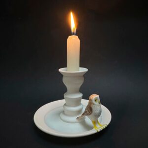 Emily Gravett Instagram - Here’s the 2nd of 3 candlesticks I made. This is the simplest of the 3, but I’m quite pleased with it anyway. 
#porcelain #ceramicsart #pottery #nightowl #candlestick #candlestickholders
