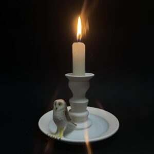 Emily Gravett Instagram - Here’s the 2nd of 3 candlesticks I made. This is the simplest of the 3, but I’m quite pleased with it anyway. 
#porcelain #ceramicsart #pottery #nightowl #candlestick #candlestickholders