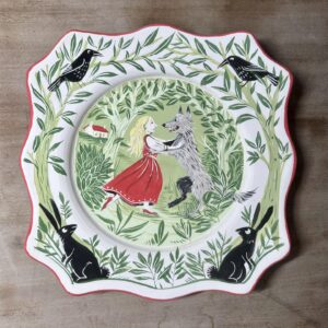 Emily Gravett Instagram - I’ve been having fun decorating some plates. Extra fun chopping the edges too!
#fairytaleonaplate #potterylove #pottery #porcelain