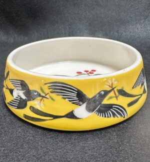 Emily Gravett Instagram - Here is the finished cat water bowl that I made for my sister @handmadeinSE20
I’m pretty pleased with how it turned out. I LOVE the yellow on the porcelain #outofthekiln #potterylove #ceramicsart #porcelain #magpie #fancycatbowl