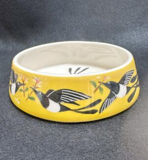 Emily Gravett Instagram - Here is the finished cat water bowl that I made for my sister @handmadeinSE20
I’m pretty pleased with how it turned out. I LOVE the yellow on the porcelain #outofthekiln #potterylove #ceramicsart #porcelain #magpie #fancycatbowl