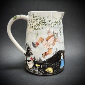 Emily Gravett Instagram - Here is the Jack and the Beanstalk jug that I bisque fired last week. It’s been glazed and gold lustre added.  #pottery #lustreware #ceramicsart #porcelain #fairytaleonaplate