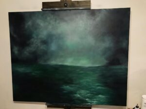 Emily Serpico Instagram - Starting a ghost pirate ship battle painting! 48”x60”  #ghost #pirates #ship #ocean #painting #acrylic #canvas #artistsoninstagram