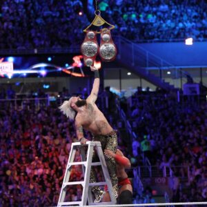 Eric Arndt Instagram - #OnThisDayInHistory .... When we were putting this match together at #Wrestlemania 33, I remember specifically chiming in after all the veterans had discussed some of the “spots” & things they were going to do in the match... after a nearly complete creative discussion amongst some of pro wrestlings greatest tag teams ever... When I had my opportunity to discuss creative & how I wanted to be involved in the match: (“get my 💩 in,” meaning do my moves...) I didn’t want to do ANY MOVES. I simply said, “if I can get a moment in the match where the ring is completely empty, & the ladder is set up... & everyone is DOWN... If I can just crawl in the ring, (SLOWLY.. so I feel ALL these PEOPLE get behind me) & climb the ladder to the TOP, get my hands on the titles I would be satisfied DOING NOTHING in this match.” 🤗 And that’s pretty much what happened 😏...but like any great tag team, I didn’t want that moment for just me. I wanted it for us.  Cass suggested we do it this way in the photo. But I knew, that moment, more than any wrestling move I did... would be an image for eternity. My goal was to do wrestlemania once & to feel it & not think. #ThankYou #RealestGuysInTheRoom
