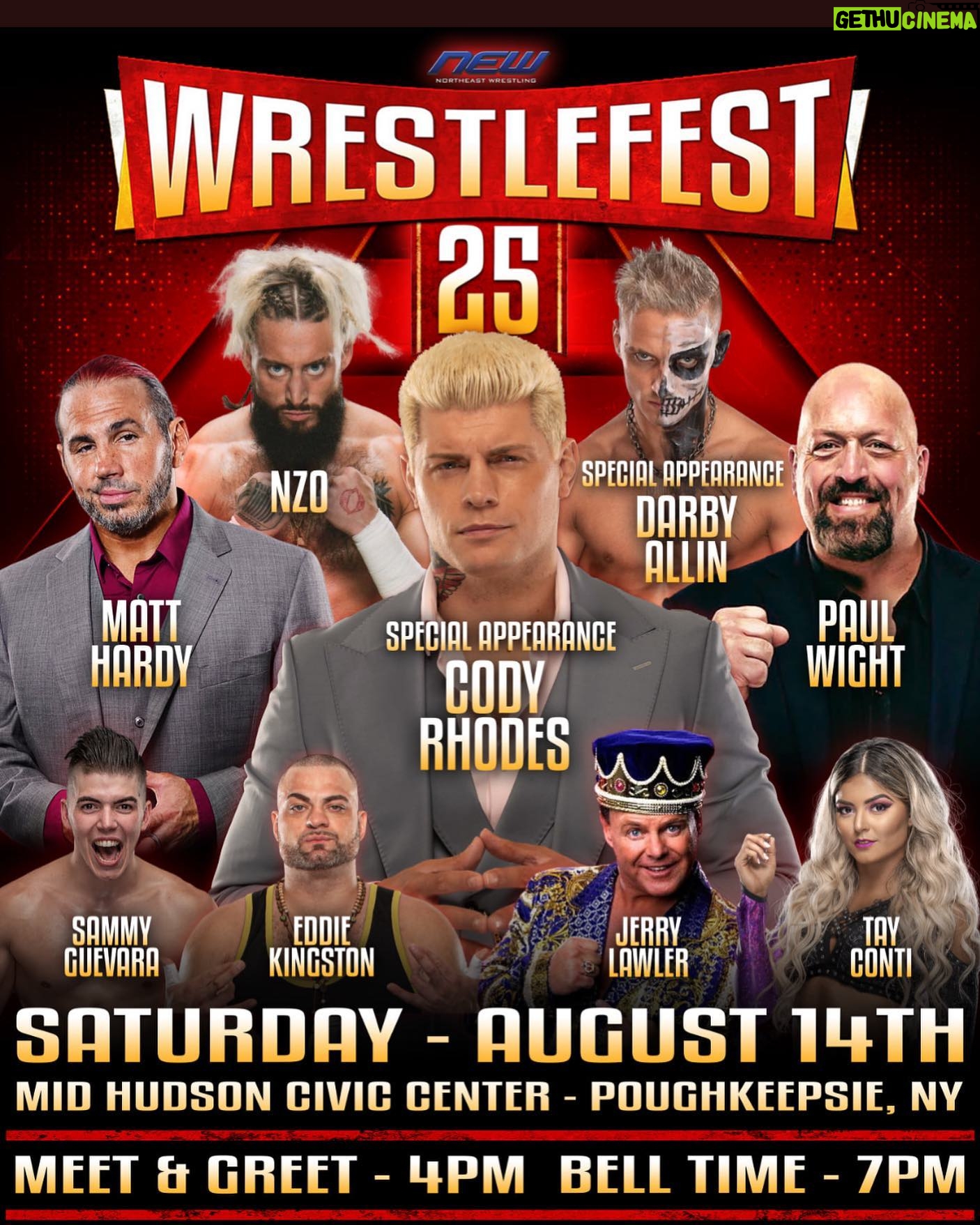 Eric Arndt - 9.9K Likes - Satur #G Night’s Main Event! 🔜
#nZo vs Jerry “The” Lawler 💔🍔
Mid Hudson Civic Center 📍
Poughkeepsie, #NewYork 🗽
@northeastwrestling 8.14.21 ❌
#HowYouDoin 🖤