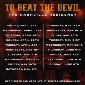 Eric Church Instagram - “I have designed a one of a kind show that I’ll be performing at Chief’s starting on Grand Opening Day, April 5th. Trust me, you don’t want to miss this one.”

Check your emails, Premium Church Choir members. You’ll have the first opportunity to purchase tickets during an exclusive presale on Wednesday, March 20th, beginning 10AM CT. General on sale begins Friday, March 22nd at 10AM CT. For more details, head to the link in bio/stories.

To Beat The Devil Residency:
Friday, April 5th 
Wednesday, April 17th
Thursday, April 18th
Monday, April 29th
Tuesday, April 30th
Wednesday, May 1st
Tuesday, May 7th
Wednesday, May 8th
Friday, May 10th
Saturday, May 11th
Tuesday, May 14th
Wednesday, May 15th
Friday, May 17th
Tuesday, May 21st
Wednesday, May 22nd
Thursday, June 6th
Friday, June 7th
Saturday, June 8th
Sunday, June 9th
