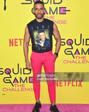Eric West Instagram - Hit up the @netflix @squidgamenetflix Finale Watch Party! Who were you rooting for?! 

shirt: @alejandrosanz 🎙️👑
pants: @gucci 
shoes: @prada